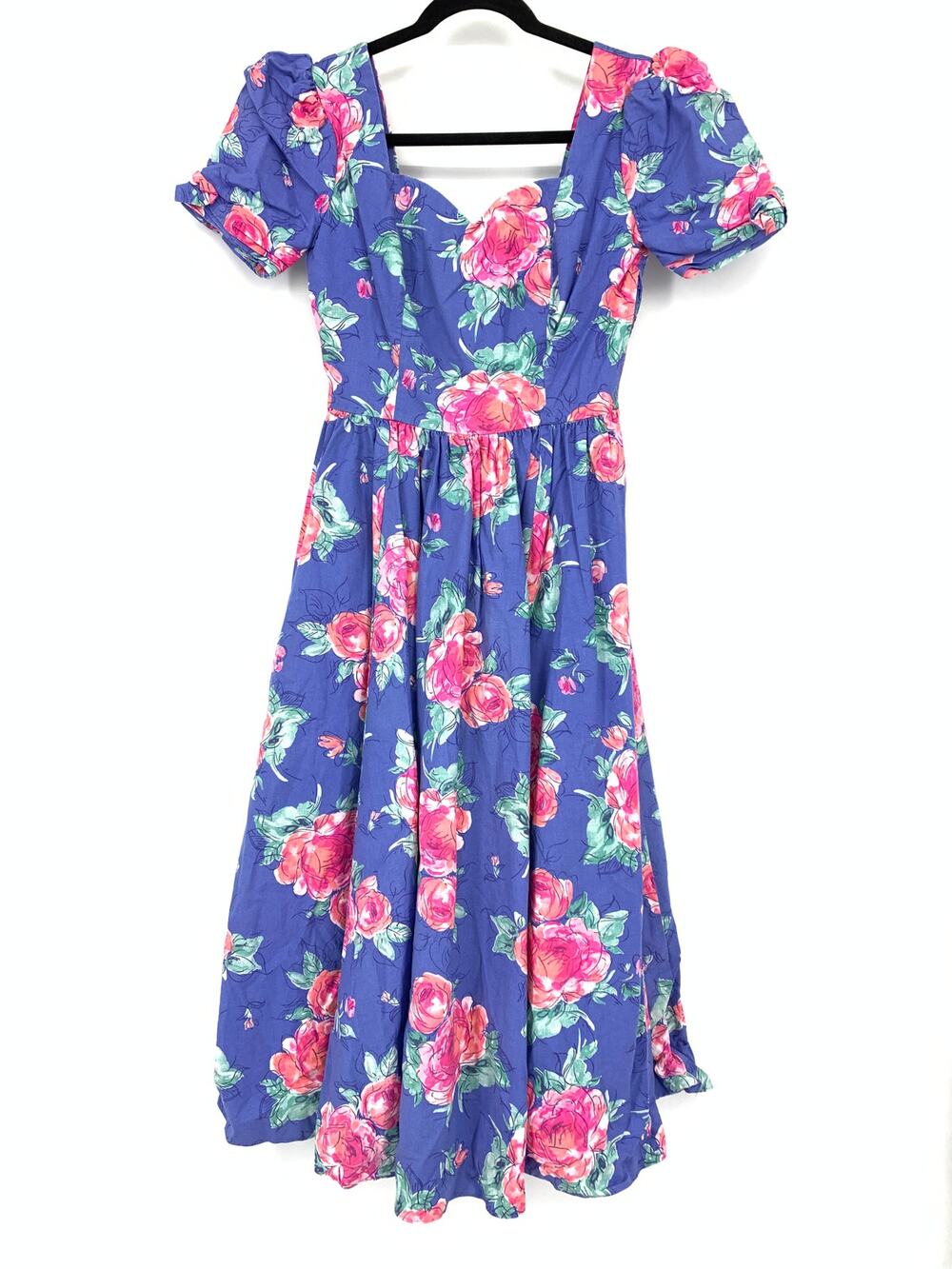 VTG Laura Ashley Puff Sleeve Dress Apx XS Blue Floral Print Sweetheart Neckline